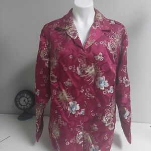 Chicos Wine‎ Red Top Floral Tapesty Button Engraved 3 Satin Metallic  Brocade